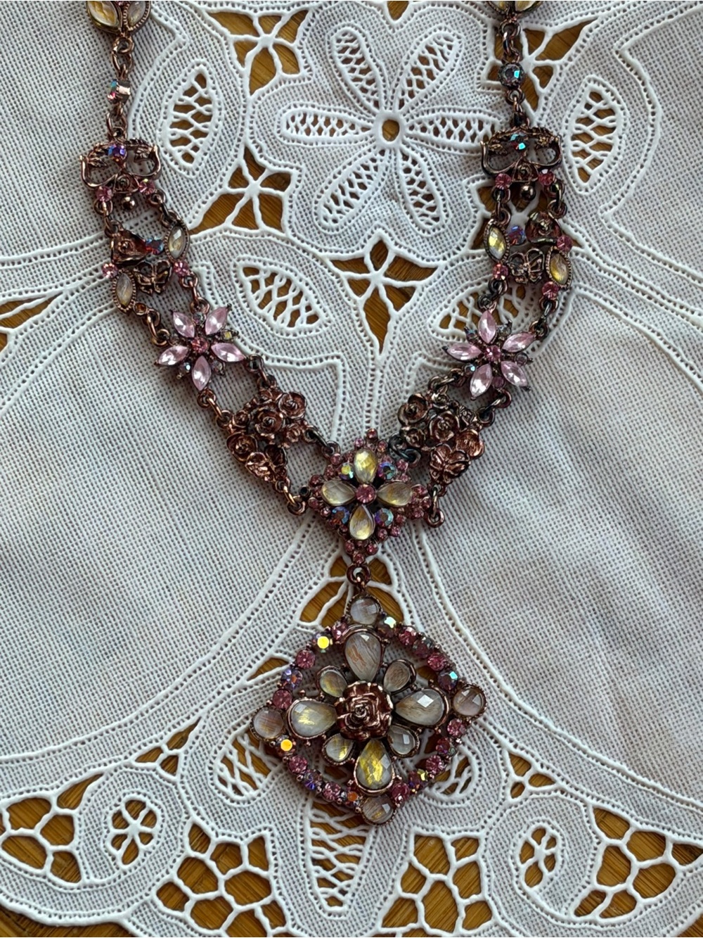 Vintage Style Floral Statement Necklace Pink Rhinestones Aurora Borealis